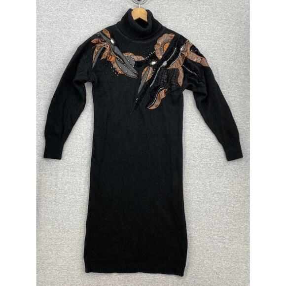 Vintage Susan Bennett Sweater Dress Womens Medium Black Silk Angora Stretch 80s - Picture 1 of 12